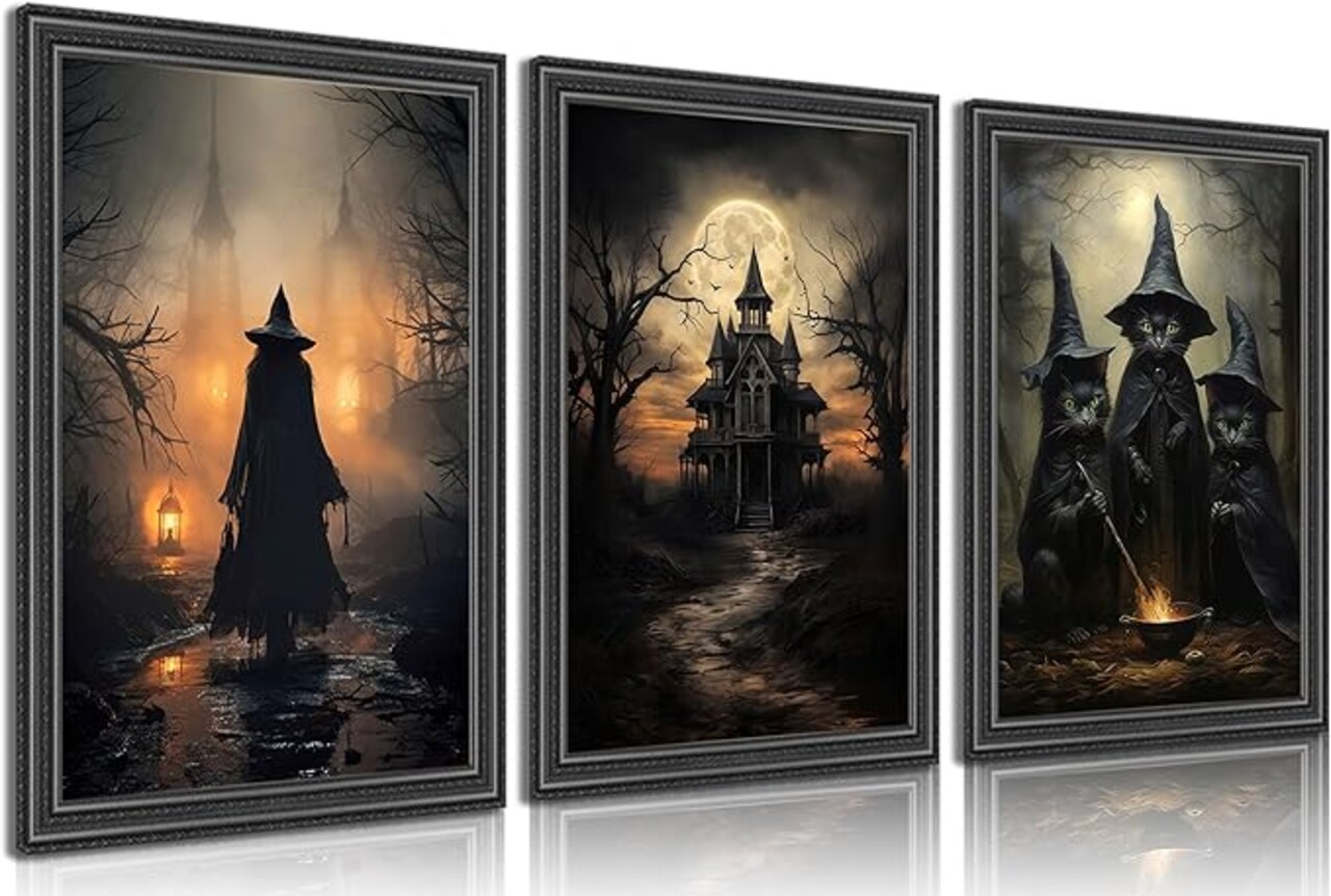 3pcs Halloween Canvas Wall Art Dark Academia Scary Witch Black Cat Castle Posters Prints Thriller Horror Gothic Wall Decor Pictures for Halloween Party House Decoration Unframed